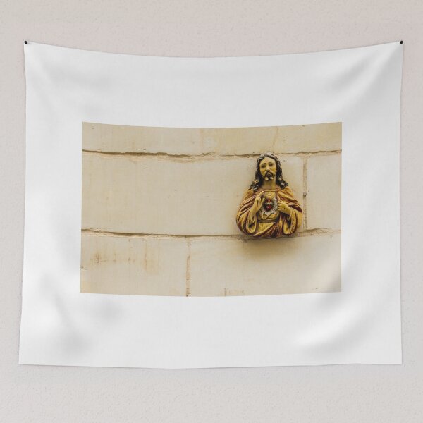 Item preview, Sacred Heart Of Jesus Wall Statue Mounted On Beige Stone Exterior Representing Christian Faith designed and sold by Nmallia.