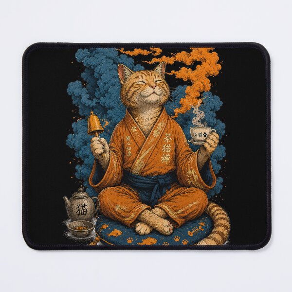 Item preview, Zen Cat Meditating with Tea Japanese Style Illustration designed and sold by BlackCat Vibe.