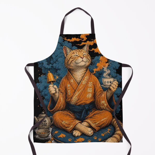 Item preview, Zen Cat Meditating with Tea Japanese Style Illustration designed and sold by BlackCat Vibe.