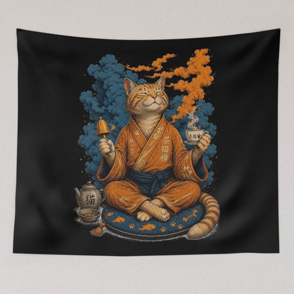 Item preview, Zen Cat Meditating with Tea Japanese Style Illustration designed and sold by BlackCat Vibe.
