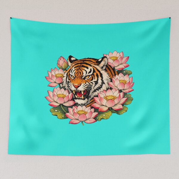Item preview, Japanese Style Tiger in Lotus Flowers designed and sold by infinitearte.