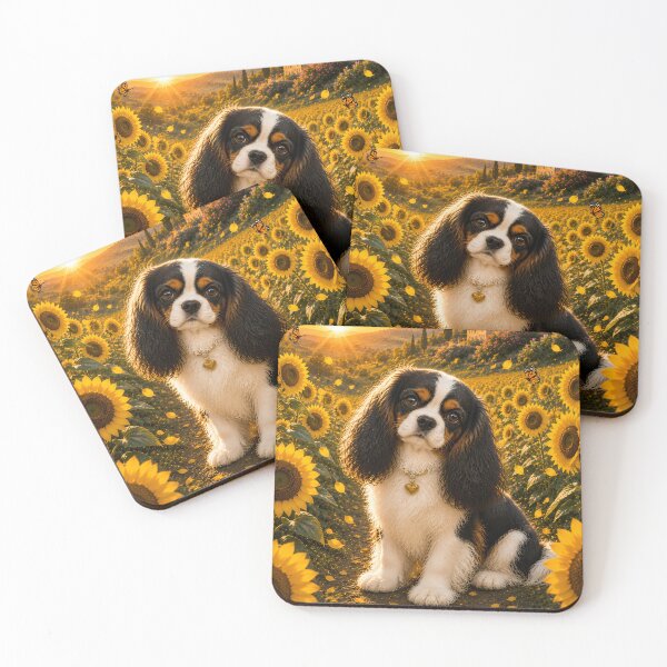 Item preview, Cavalier King Charles Spaniel in a Sunflower Field at Sunset | Dreamy Cottagecore Dog Art designed and sold by ManJiangHong.