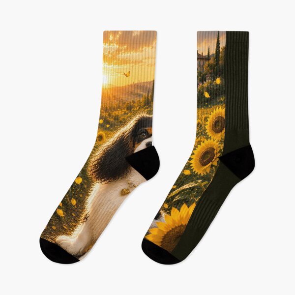 Item preview, Cavalier King Charles Spaniel in a Sunflower Field at Sunset | Dreamy Cottagecore Dog Art designed and sold by ManJiangHong.