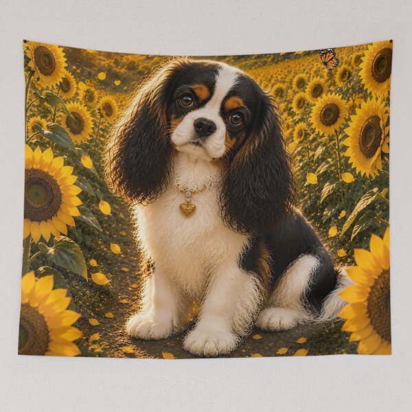 Item preview, Cavalier King Charles Spaniel in a Sunflower Field at Sunset | Dreamy Cottagecore Dog Art designed and sold by ManJiangHong.