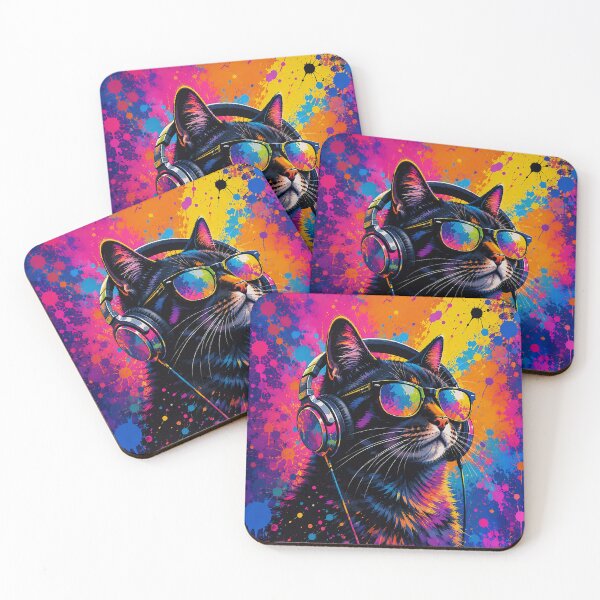 Item preview, Cool Cat with Headphones and Sunglasses Colorful Paint Splatter Art designed and sold by BlackCat Vibe.