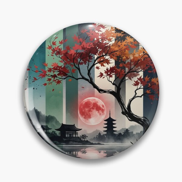 Item preview, Japanese Autumn Maple Tree Red Blood Moon Pagoda Lake Graphic designed and sold by PACS0011.