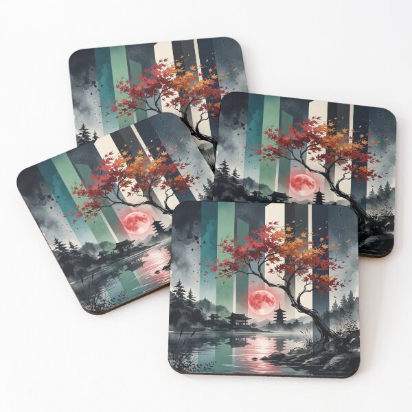 Item preview, Japanese Autumn Maple Tree Red Blood Moon Pagoda Lake Graphic designed and sold by PACS0011.