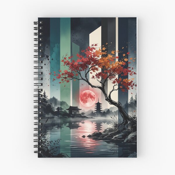 Item preview, Japanese Autumn Maple Tree Red Blood Moon Pagoda Lake Graphic designed and sold by PACS0011.