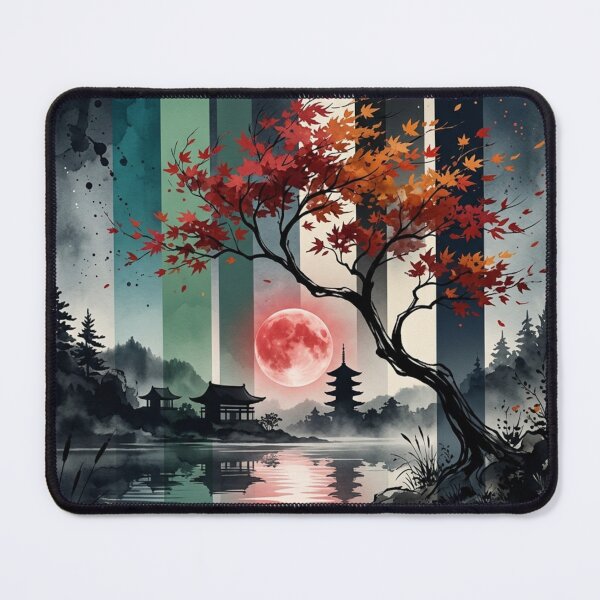 Item preview, Japanese Autumn Maple Tree Red Blood Moon Pagoda Lake Graphic designed and sold by PACS0011.