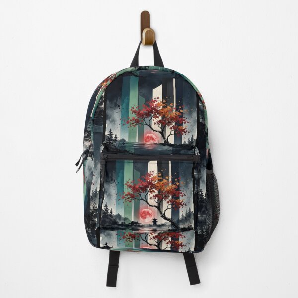 Item preview, Japanese Autumn Maple Tree Red Blood Moon Pagoda Lake Graphic designed and sold by PACS0011.