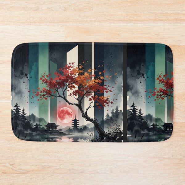 Item preview, Japanese Autumn Maple Tree Red Blood Moon Pagoda Lake Graphic designed and sold by PACS0011.