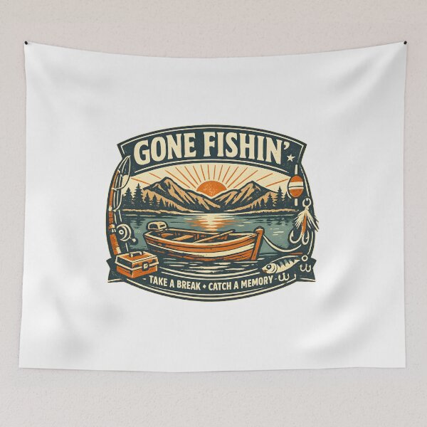 Item preview, Gone Fishing Vintage Badge Retro Outdoor Lake Sunrise Boat Fishing  designed and sold by Artycom.