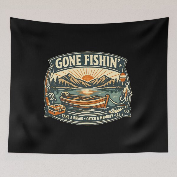 Item preview, Gone Fishing Vintage Badge Retro Outdoor Lake Sunrise Boat Fishing  designed and sold by Artycom.