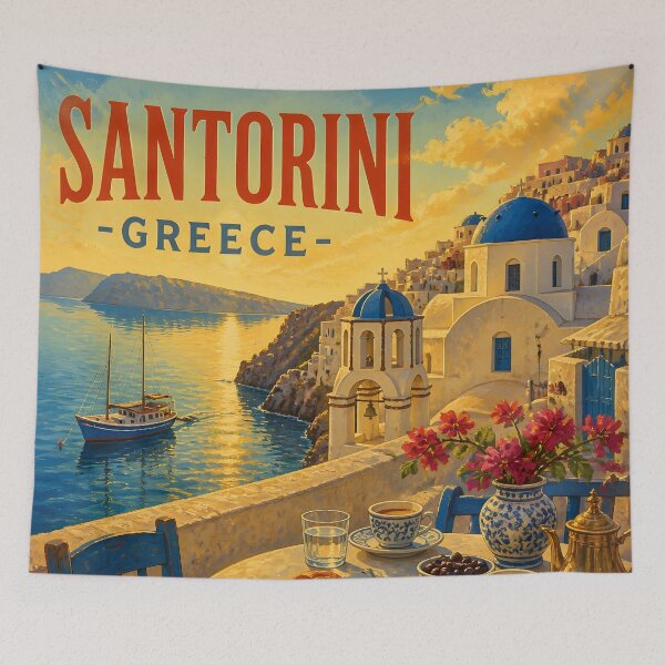 Item preview, Santorini, Greece: Vintage-Style Painterly Travel Poster designed and sold by LSVart.