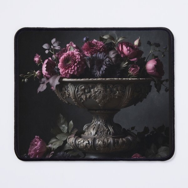 Item preview, Gothic Dark Academia Floral Still Life – Dark Pink Purple Blooms in Ornate Bowl designed and sold by FogandFinch.