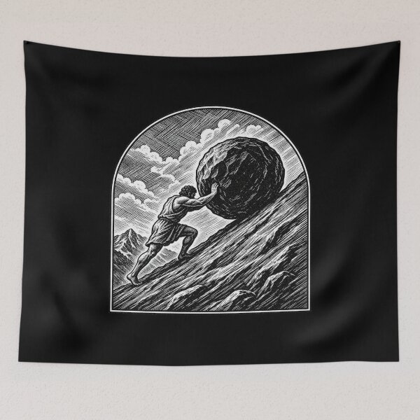 Item preview, Sisyphus Art, Greek Mythology Boulder in Vintage Woodcut Engraving Style for Myth Readers designed and sold by The Junto Shop.