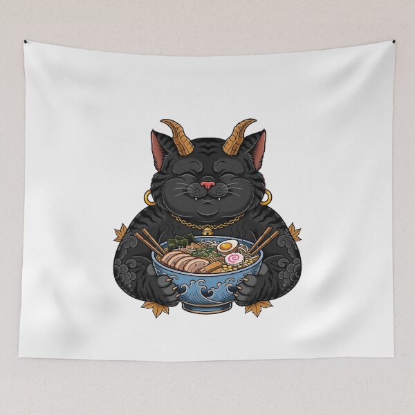 Item preview, Ramen Oni Cat - Cute Black Oni Cat Eating Ramen Bowl designed and sold by Neurospicy Trolls.