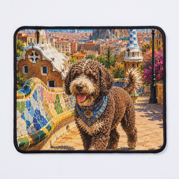 Item preview, Spanish Water Dog strolling through Barcelona designed and sold by Nomad-Paws.