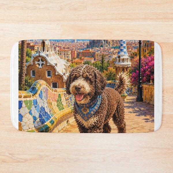 Item preview, Spanish Water Dog strolling through Barcelona designed and sold by Nomad-Paws.