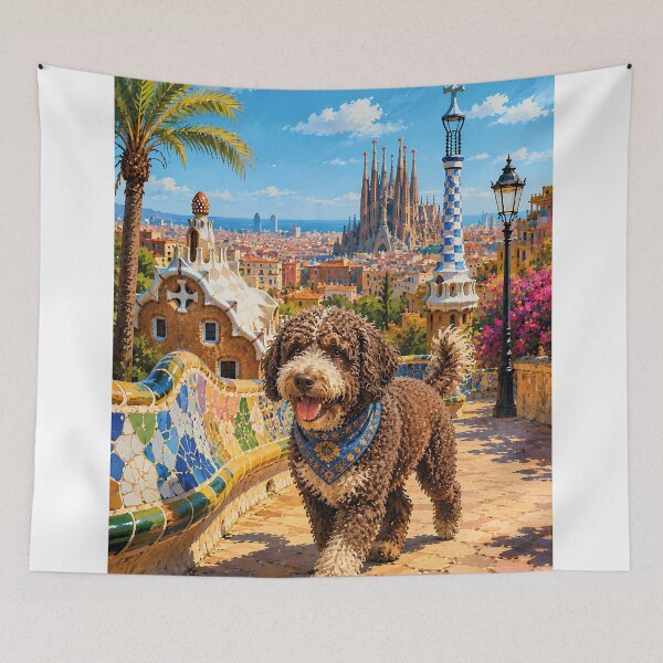Item preview, Spanish Water Dog strolling through Barcelona designed and sold by Nomad-Paws.