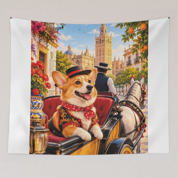 Item preview, Corgi touring Seville in a horse-drawn carriage designed and sold by Nomad-Paws.