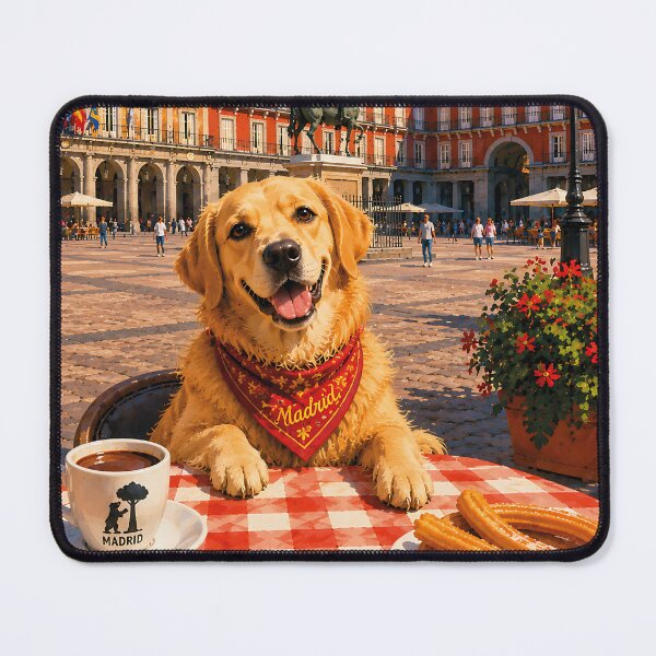 Item preview, Golden Retriever enjoying Madrid's Plaza Mayor designed and sold by Nomad-Paws.