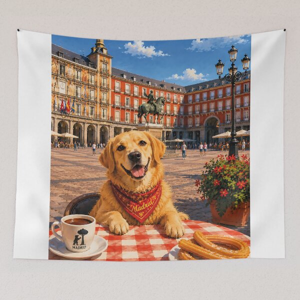 Item preview, Golden Retriever enjoying Madrid's Plaza Mayor designed and sold by Nomad-Paws.