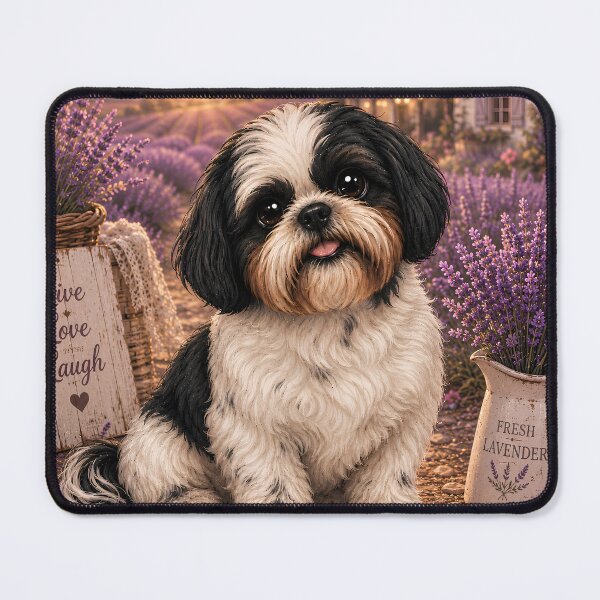Item preview, Lavender Fields Shih Tzu | Cute Black & White Shih Tzu in Lavender Garden designed and sold by Clint Reno Designs.