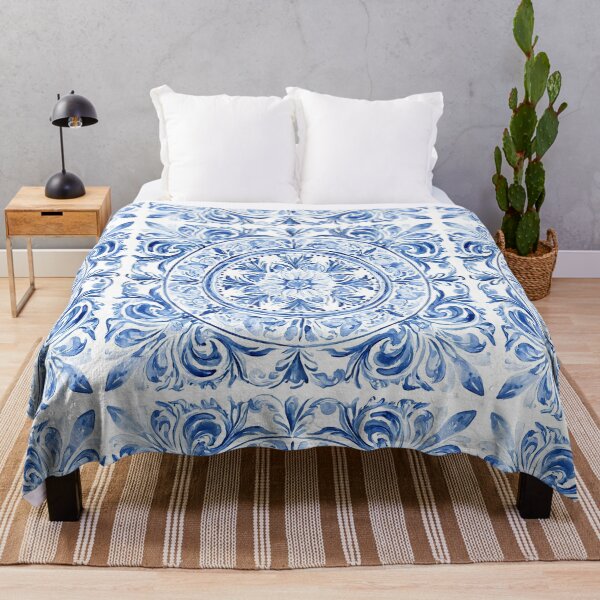 Item preview, Blue Azulejo Watercolor Pattern - Portuguese Tile Circular Daisy Design designed and sold by Nine Lives Studio.
