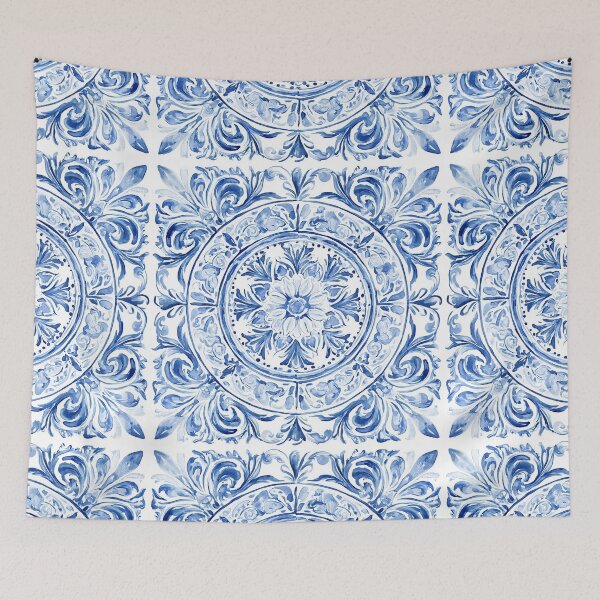 Item preview, Blue Azulejo Watercolor Pattern - Portuguese Tile Circular Daisy Design designed and sold by Nine Lives Studio.