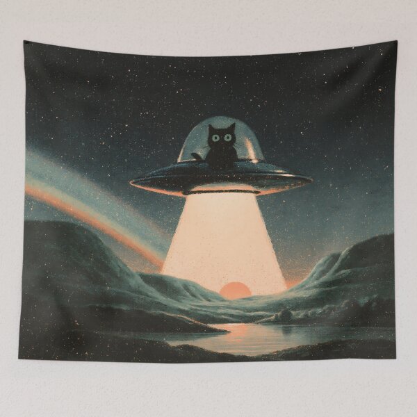 Item preview, Cat UFO Black Kitty Flying Saucer Night Sky designed and sold by FrostyFrisby.