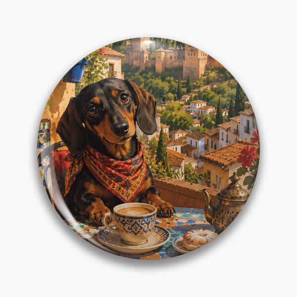Item preview, Dachshund in a Granada cafe overlooking the Alhambra designed and sold by Nomad-Paws.