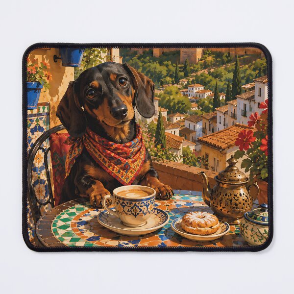 Item preview, Dachshund in a Granada cafe overlooking the Alhambra designed and sold by Nomad-Paws.