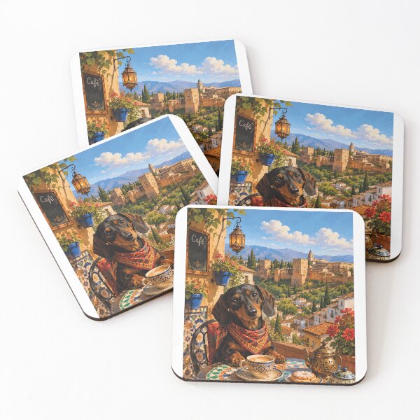 Item preview, Dachshund in a Granada cafe overlooking the Alhambra designed and sold by Nomad-Paws.