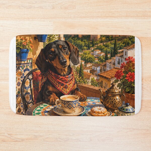 Item preview, Dachshund in a Granada cafe overlooking the Alhambra designed and sold by Nomad-Paws.
