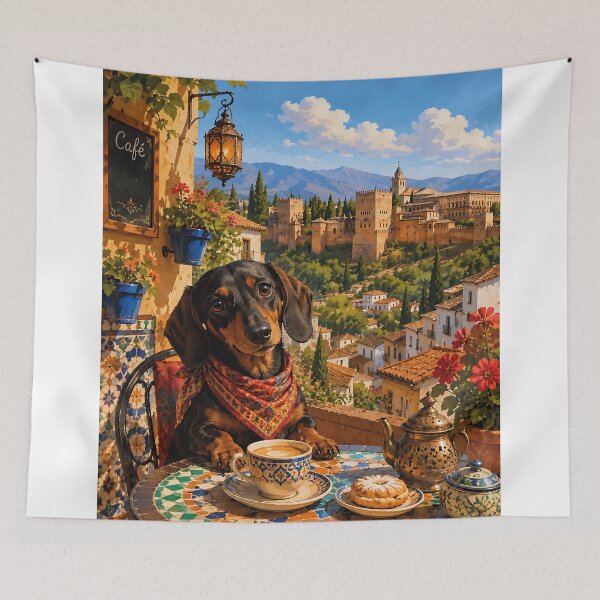 Item preview, Dachshund in a Granada cafe overlooking the Alhambra designed and sold by Nomad-Paws.