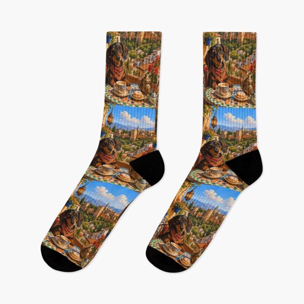 Item preview, Dachshund in a Granada cafe overlooking the Alhambra designed and sold by Nomad-Paws.