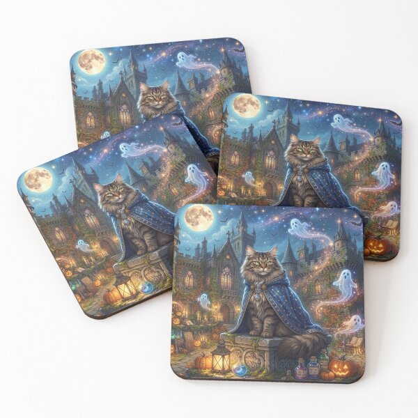 Item preview, Maine Coon Cat Wizard Halloween Magic Castle and Friendly Ghosts designed and sold by Ghostlycats2026.