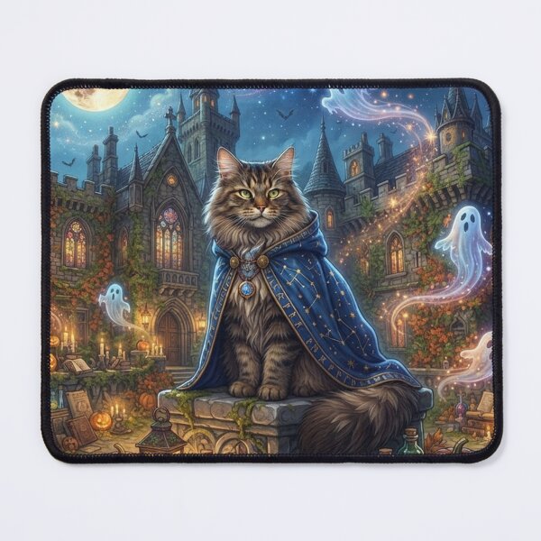 Item preview, Maine Coon Cat Wizard Halloween Magic Castle and Friendly Ghosts designed and sold by Ghostlycats2026.