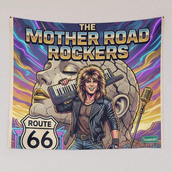 Item preview, THE MOTHER ROAD ROCKERS Your Legend Starts Here 80s Keytar DeLorean Poster designed and sold by RAMIX-Y2K.