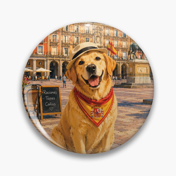 Item preview, Golden Retriever visiting the Plaza Mayor in Madrid, Spain, wearing a bandana and hat designed and sold by Nomad-Paws.