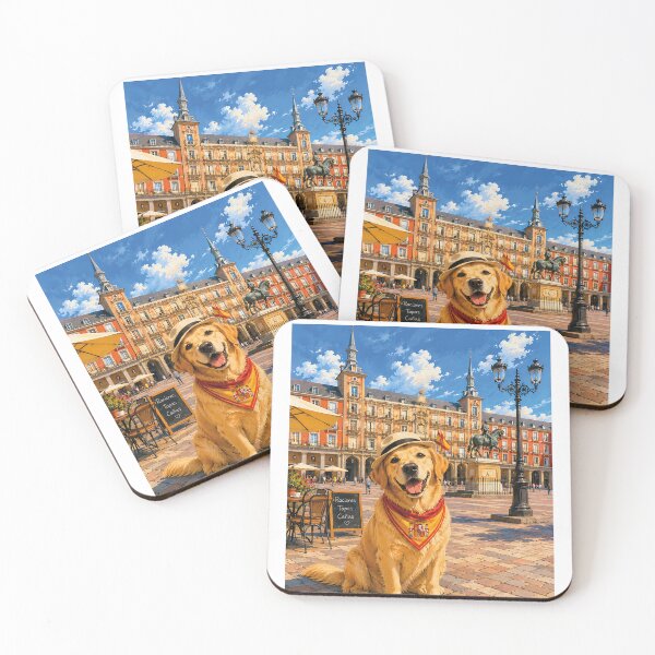 Item preview, Golden Retriever visiting the Plaza Mayor in Madrid, Spain, wearing a bandana and hat designed and sold by Nomad-Paws.