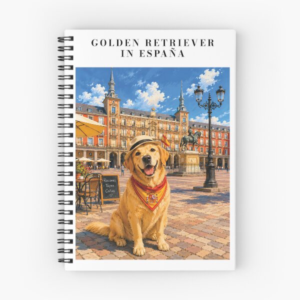 Item preview, Golden Retriever visiting the Plaza Mayor in Madrid, Spain, wearing a bandana and hat designed and sold by Nomad-Paws.