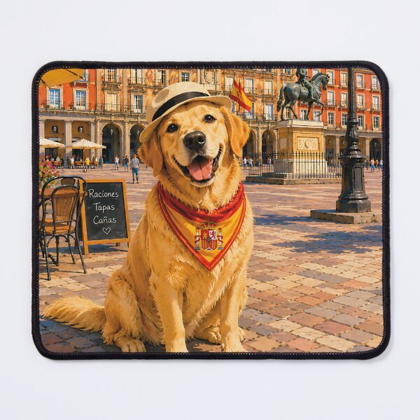 Item preview, Golden Retriever visiting the Plaza Mayor in Madrid, Spain, wearing a bandana and hat designed and sold by Nomad-Paws.