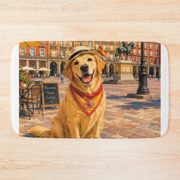 Item preview, Golden Retriever visiting the Plaza Mayor in Madrid, Spain, wearing a bandana and hat designed and sold by Nomad-Paws.