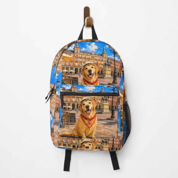 Item preview, Golden Retriever visiting the Plaza Mayor in Madrid, Spain, wearing a bandana and hat designed and sold by Nomad-Paws.
