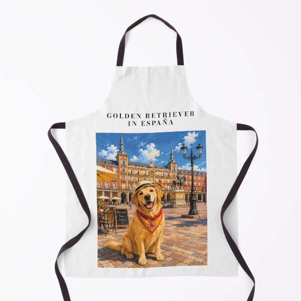 Item preview, Golden Retriever visiting the Plaza Mayor in Madrid, Spain, wearing a bandana and hat designed and sold by Nomad-Paws.