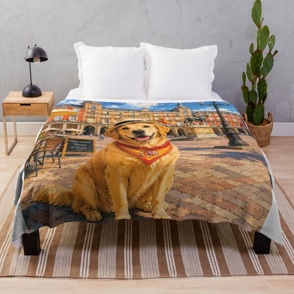 Item preview, Golden Retriever visiting the Plaza Mayor in Madrid, Spain, wearing a bandana and hat designed and sold by Nomad-Paws.