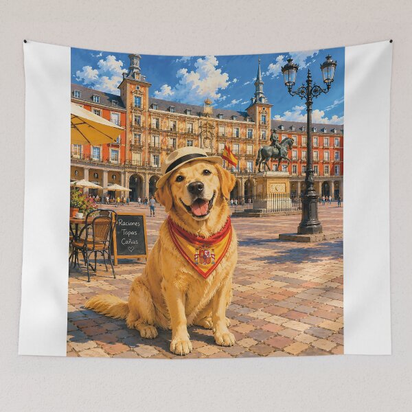 Item preview, Golden Retriever visiting the Plaza Mayor in Madrid, Spain, wearing a bandana and hat designed and sold by Nomad-Paws.