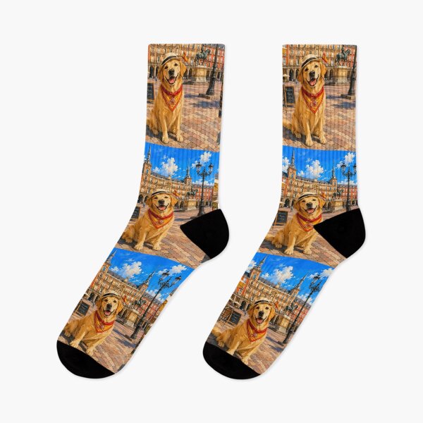 Item preview, Golden Retriever visiting the Plaza Mayor in Madrid, Spain, wearing a bandana and hat designed and sold by Nomad-Paws.